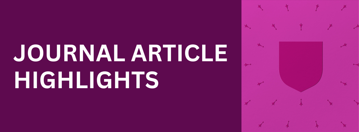 Purple background with white text overlaid that says Journal Article Highlights. To the right is the Cambridge shield on a lighter purple background.