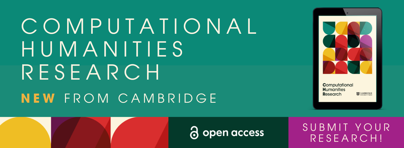 Promotional banner for "Computational Humanities Research", a new open access publication from Cambridge, featuring an electronic tablet displaying the journal's cover on the right side of the image, with text encouraging viewers to submit their research.