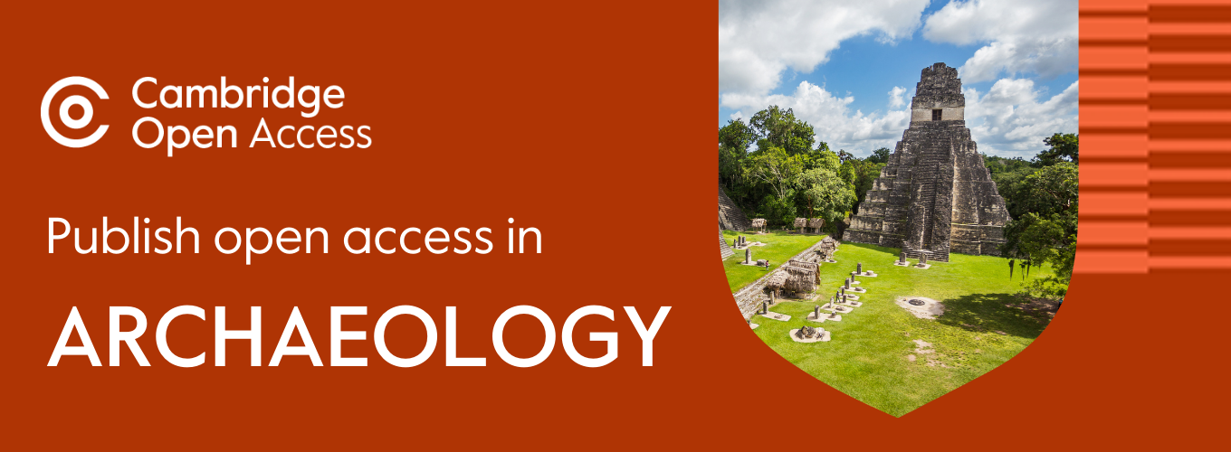 Promotional banner by Cambridge Open Access for publishing in Archaeology, featuring an image of the ancient Maya temple at Tikal on a sunny day.